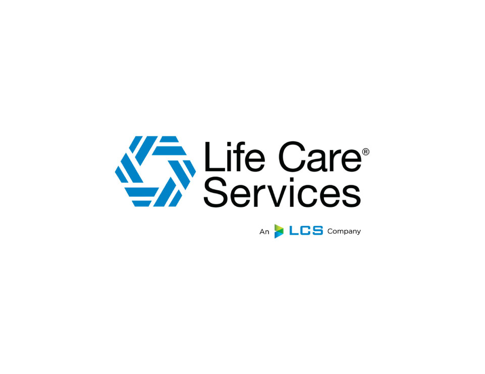 Logo for Life Care Services, an LCS company, features a blue geometric design and companys name.